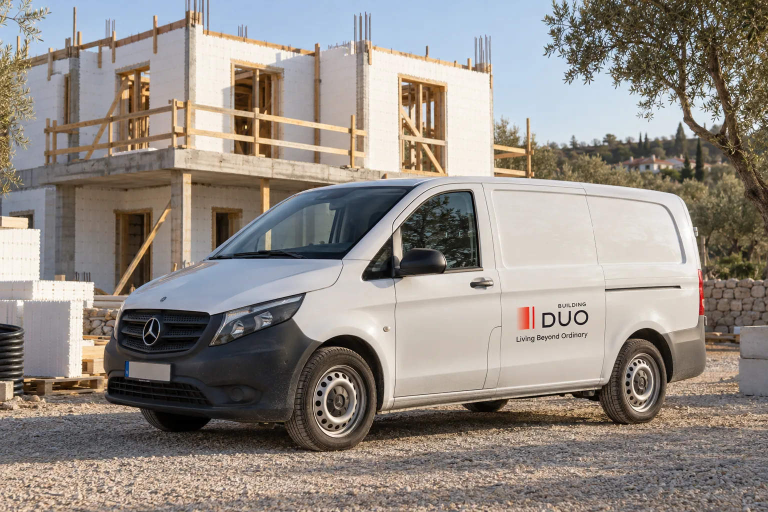 Carrinha Mercedes branca com a marca DUO Building junto a uma casa ICF em construção.