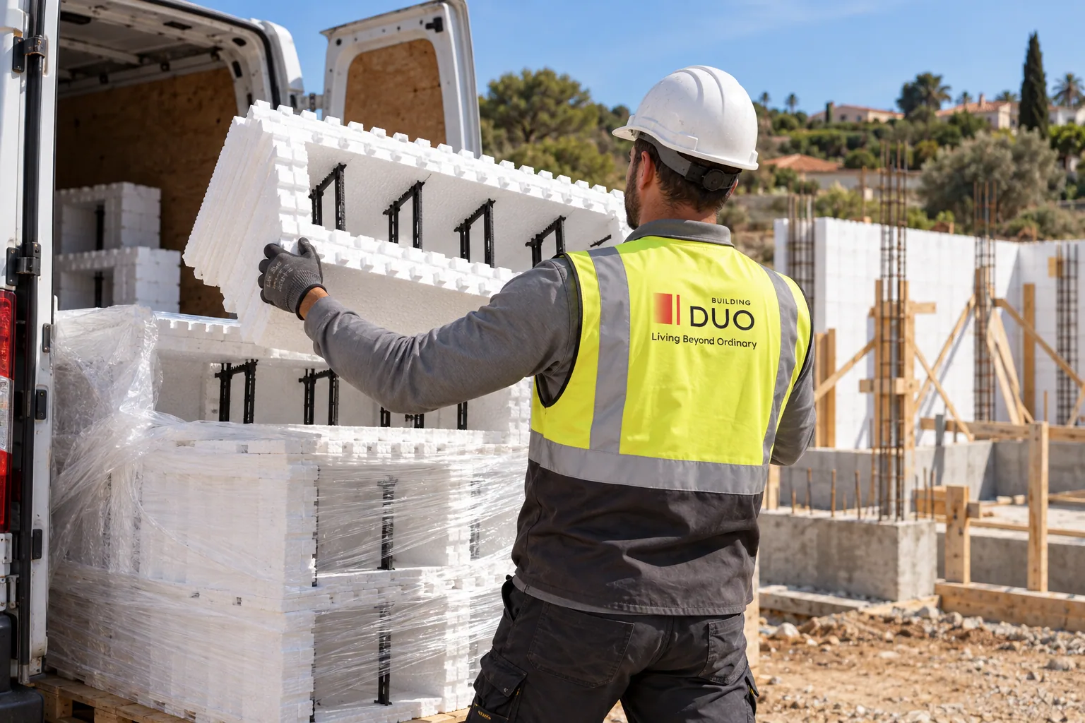 Trabalhador com polo cinzento DUO, colete refletor amarelo e capacete branco a descarregar cofragens ICF junto a uma carrinha.