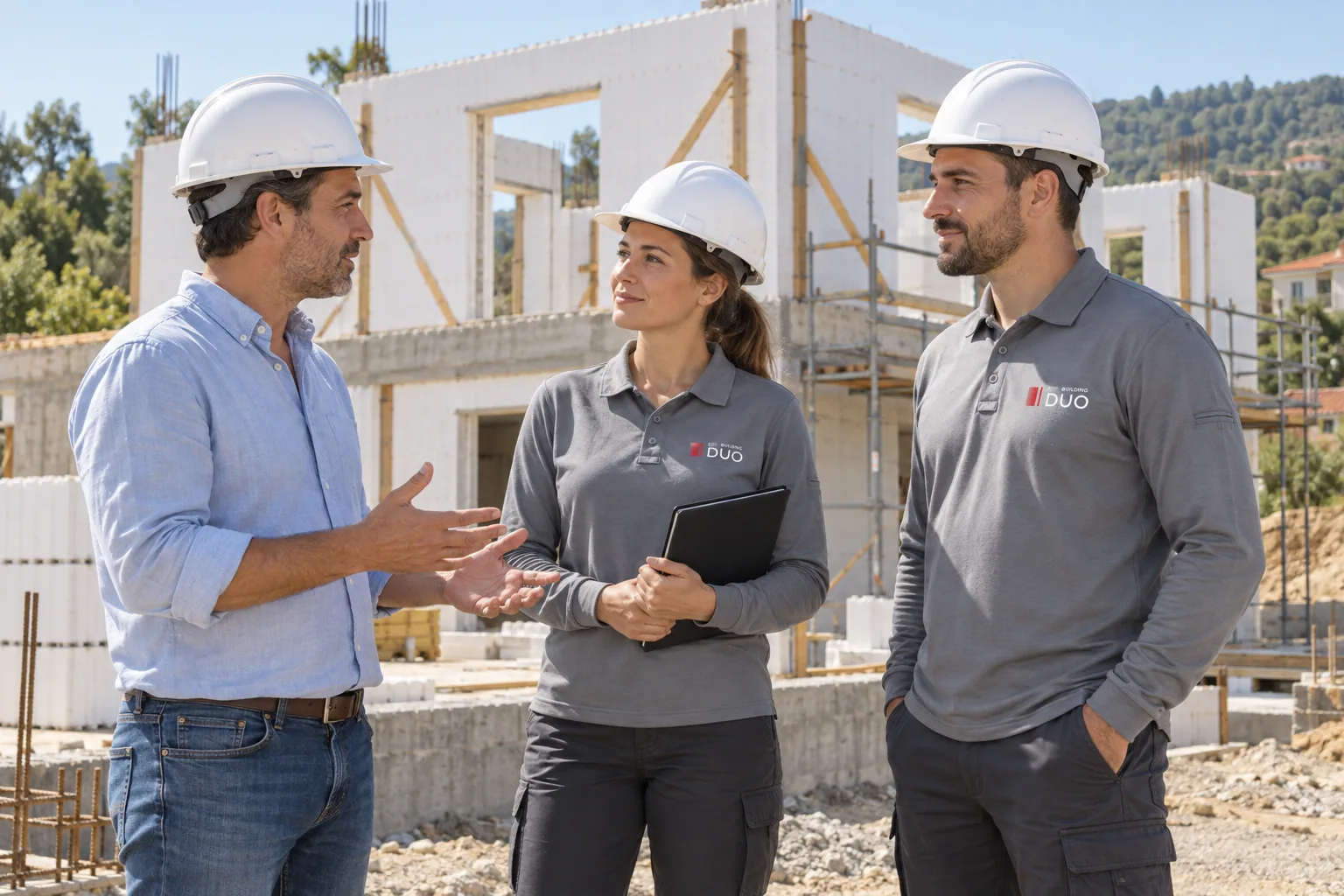Cliente a conversar com dois profissionais de construção com polos cinzentos DUO e capacetes brancos numa obra ICF.
