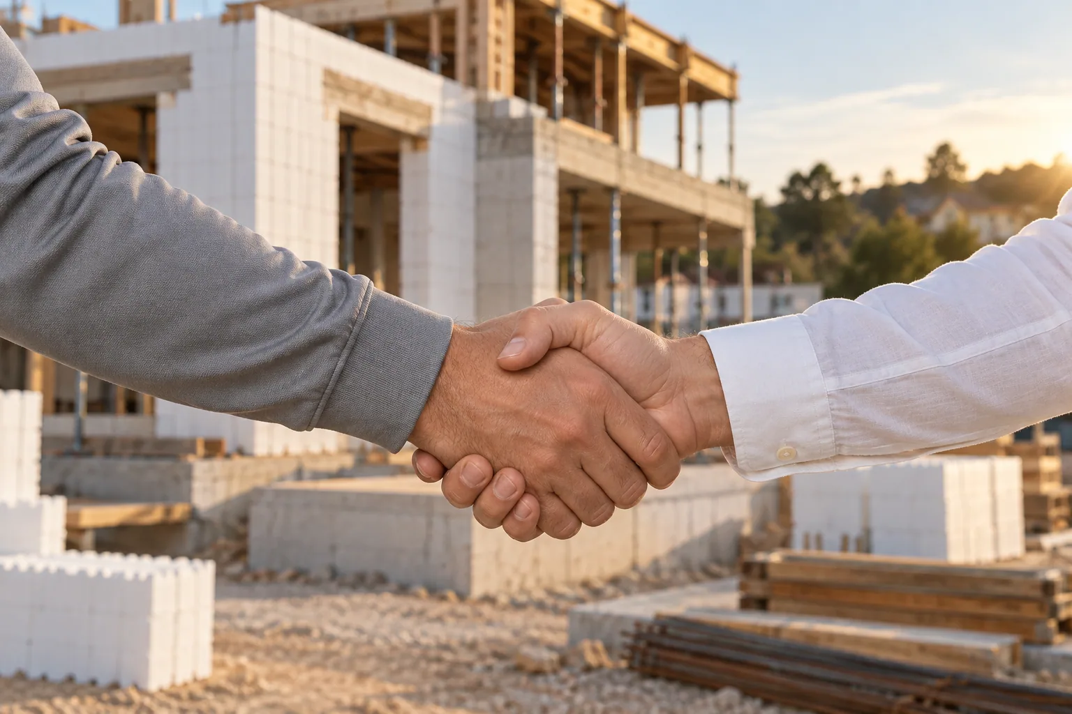 Illustrative close-up of a handshake, with a grey work-polo sleeve on the left and a white shirt sleeve on the right, against an ICF construction site.
