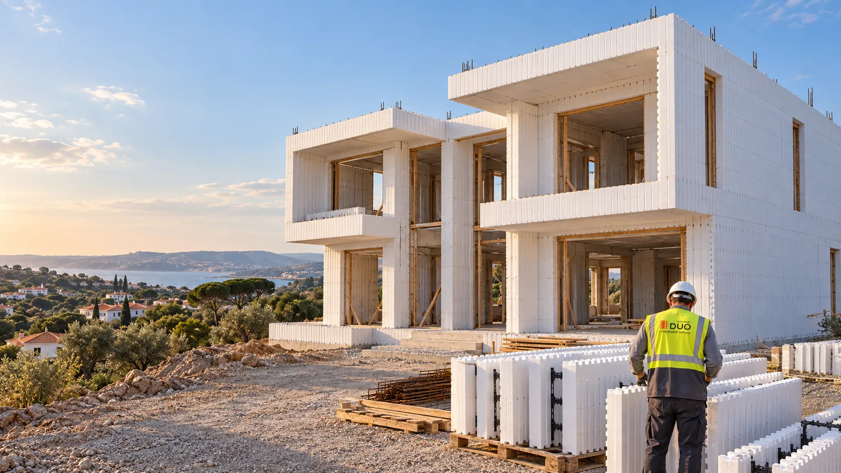 Illustrative two-storey ICF villa under construction with tall openings, recessed balconies, white EPS surfaces and one worker in a yellow DUO Building vest, overlooking a Portuguese coastal landscape.