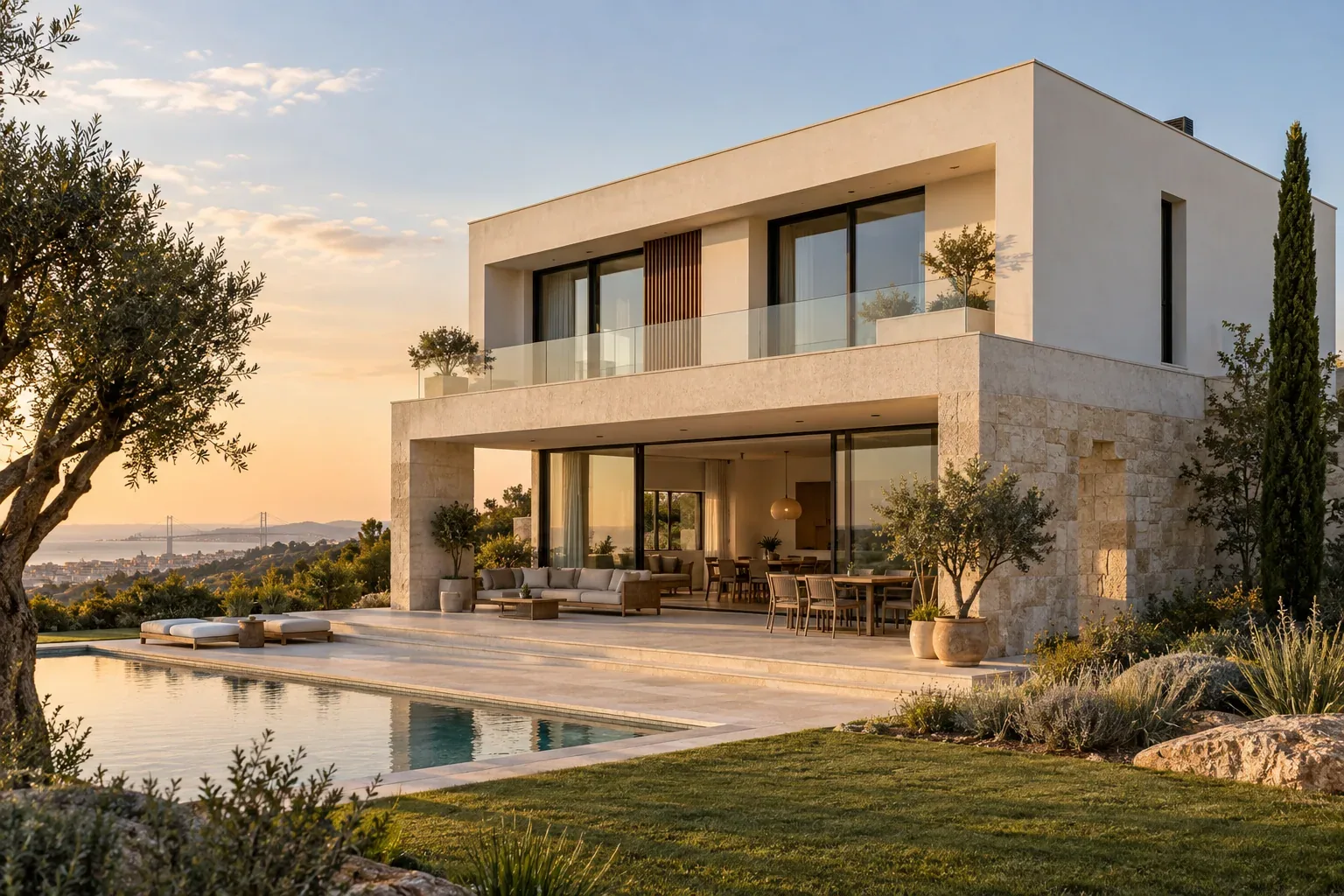 Illustrative contemporary Portuguese home with pale stone, sheltered glazing and an olive tree.