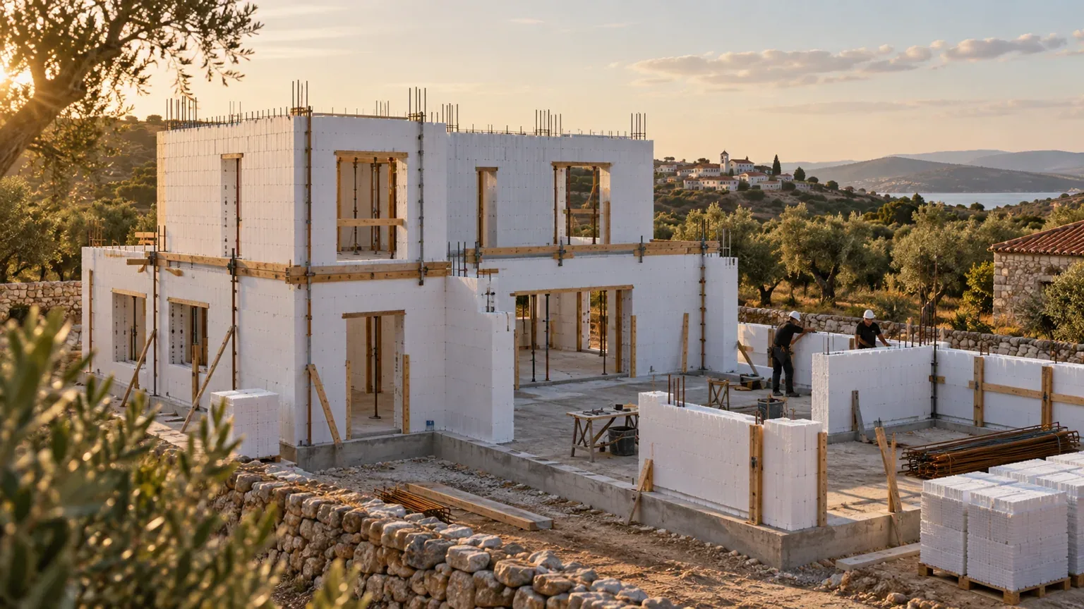 Illustrative wide view of an ICF home under construction with two workers assembling formwork.