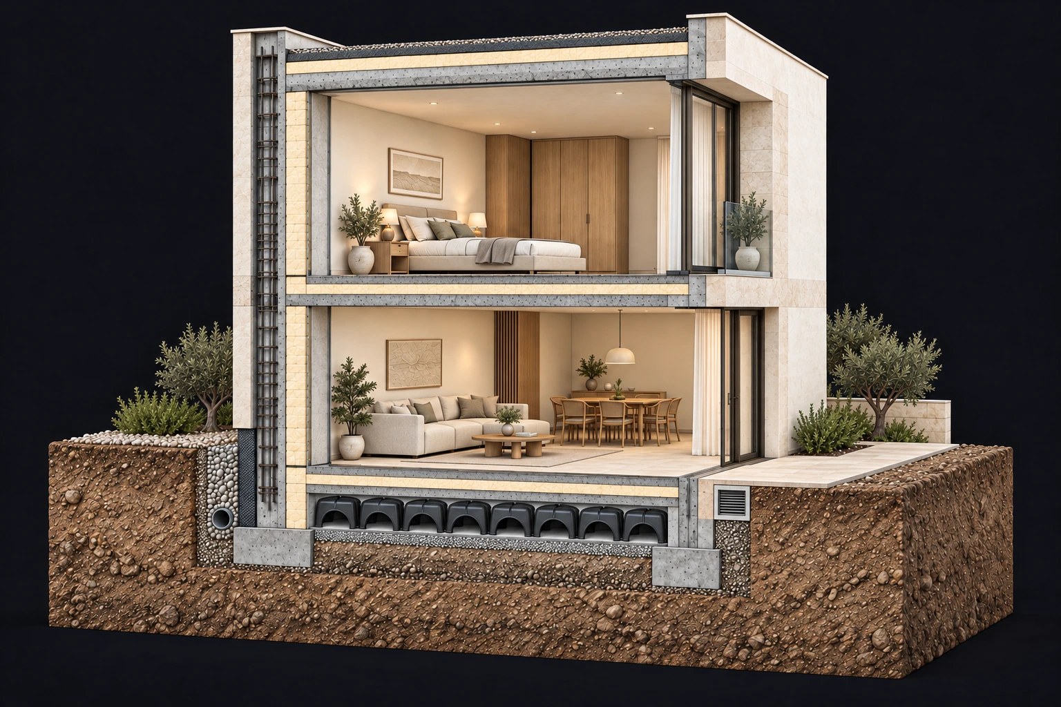 Illustrative side section of the hero house completed: bedroom and living room, insulated reinforced-concrete walls, foundations and repeated black dome formwork creating ventilated voids beneath the ground-floor slab.