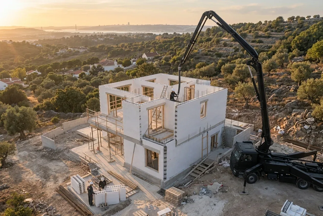 Vista aérea ilustrativa de uma casa ICF de dois pisos em construção.