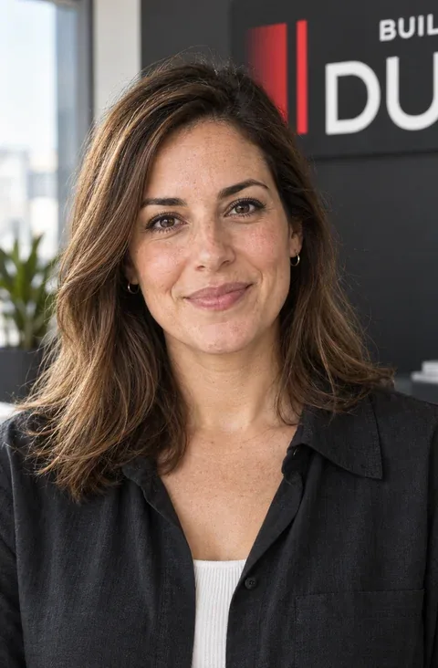 Illustrative portrait of a friendly woman in a charcoal blouse, with part of the DUO Building sign behind her.