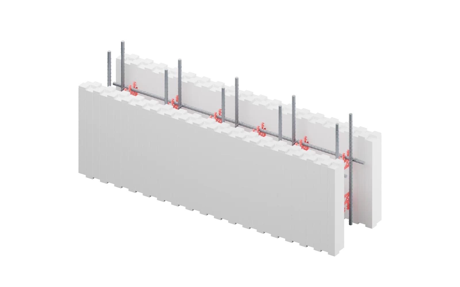 White EPS formwork with red guide webs and paired steel reinforcement inside the wall.